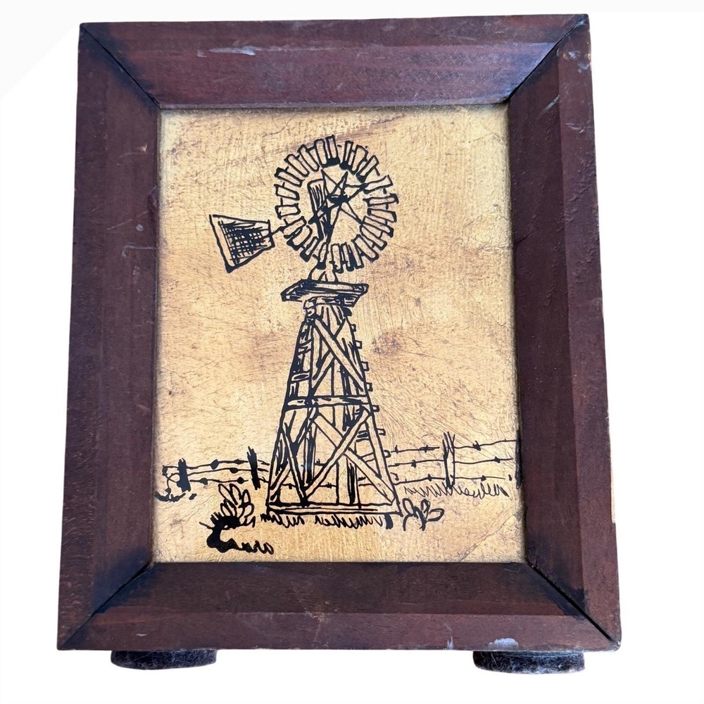 Vintage 70s Texas Windmill Gold Background Wood Frame Western Wall Art Farmhouse
